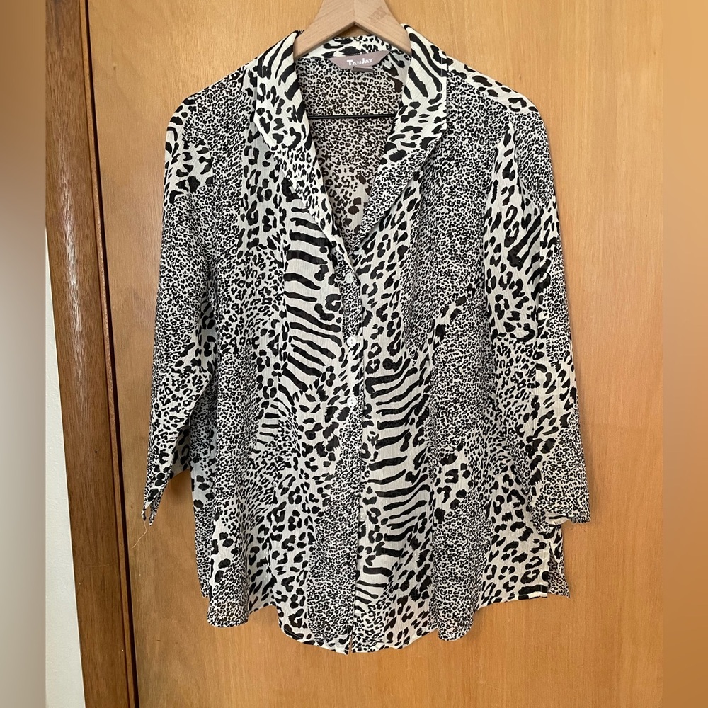 Tanjay Leopard Print Black & White Sheer Blouse Size L